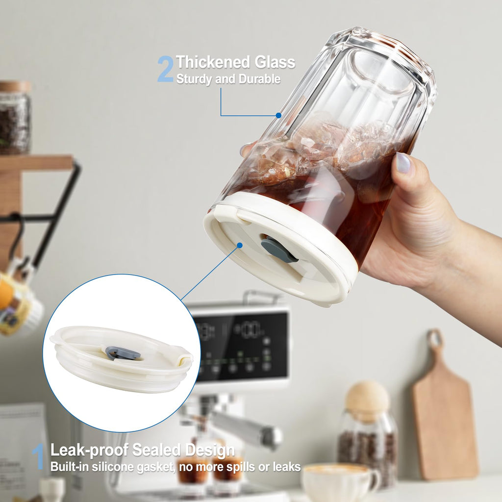 ecooe 2 Stück Glasbecher mit Deckel und Strohhalm 400ml Matcha Gläser Smoothie Becher Eiskaffee Glas, Luftdicht Wasserdicht Design Kaffeegläser Trinkgläser für Matcha Latte Saft Milch Tee Cocktail
