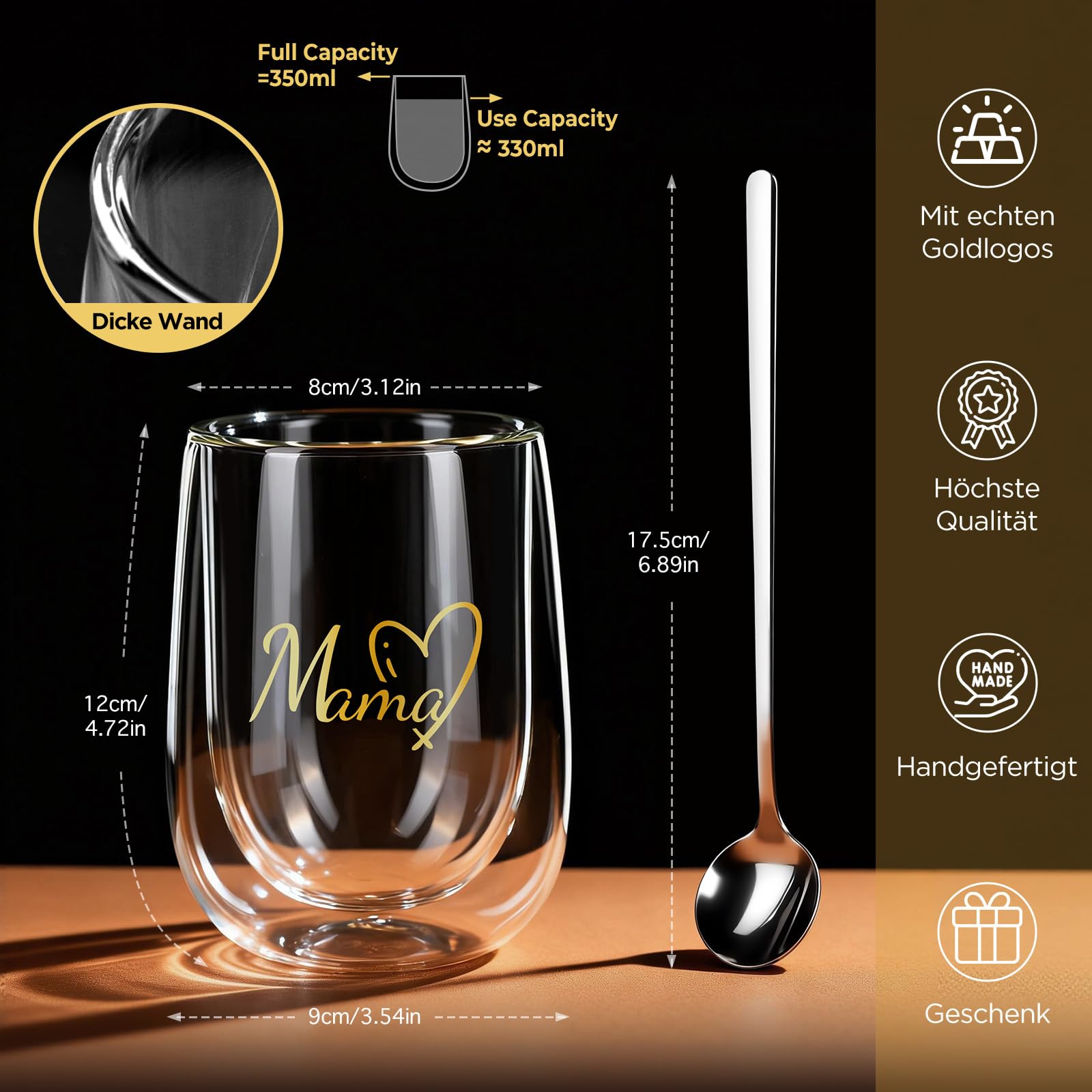 glastal Premium Double-Walled Latte Macchiato Glasses Set of 2 | Mum | - Without Sealed Hole - 350 ml Double-Walled Coffee Glasses Drinking Glasses Gifts for Mum for Birthday Mother's Day Anniversary