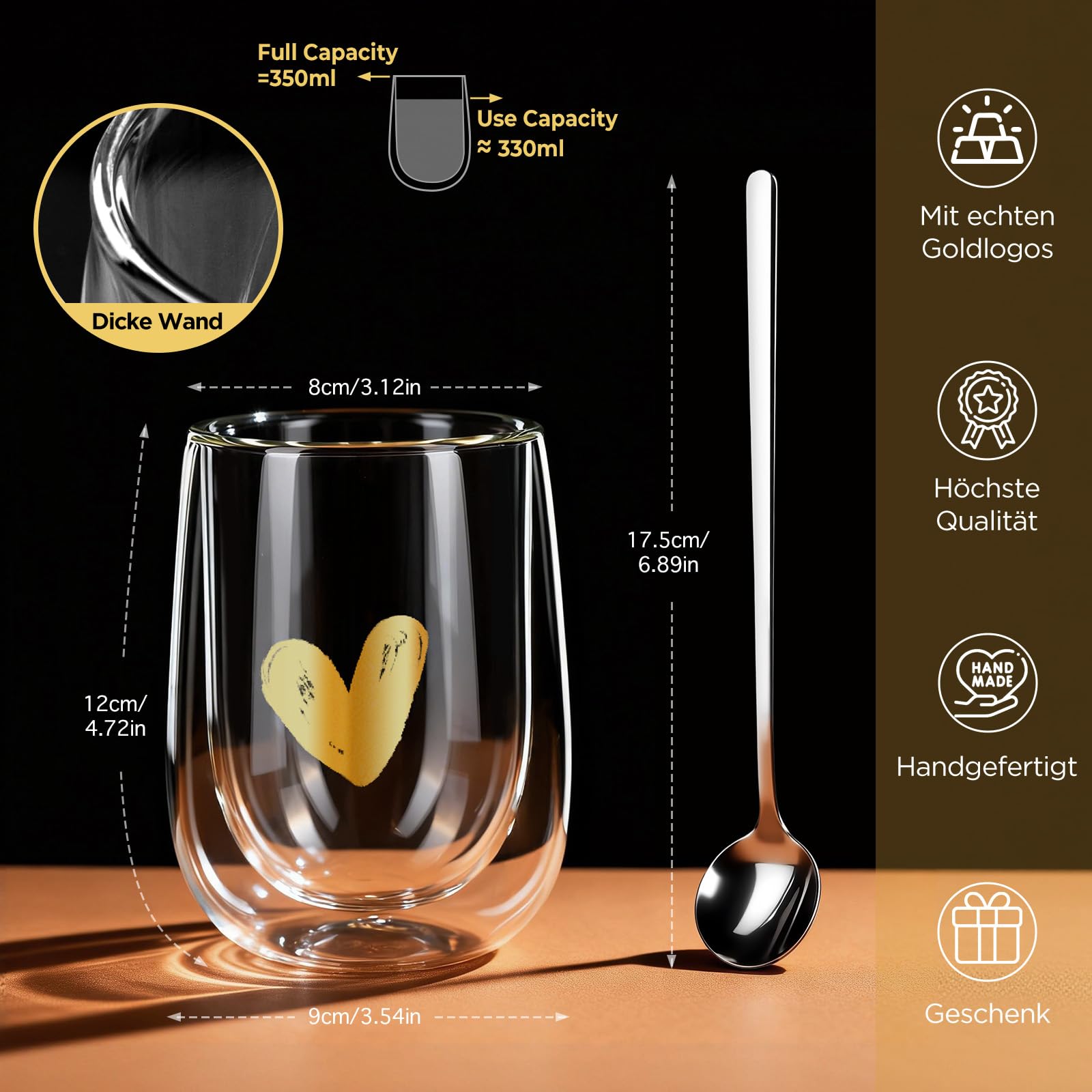 glastal Premium Double-Walled Latte Macchiato Glasses, Set of 4, Heart, Without Sealed Hole, 350 ml, Double-Walled Coffee Glasses, Drinking Glasses, Gifts for Women, Girlfriend, Birthday, Valentine's