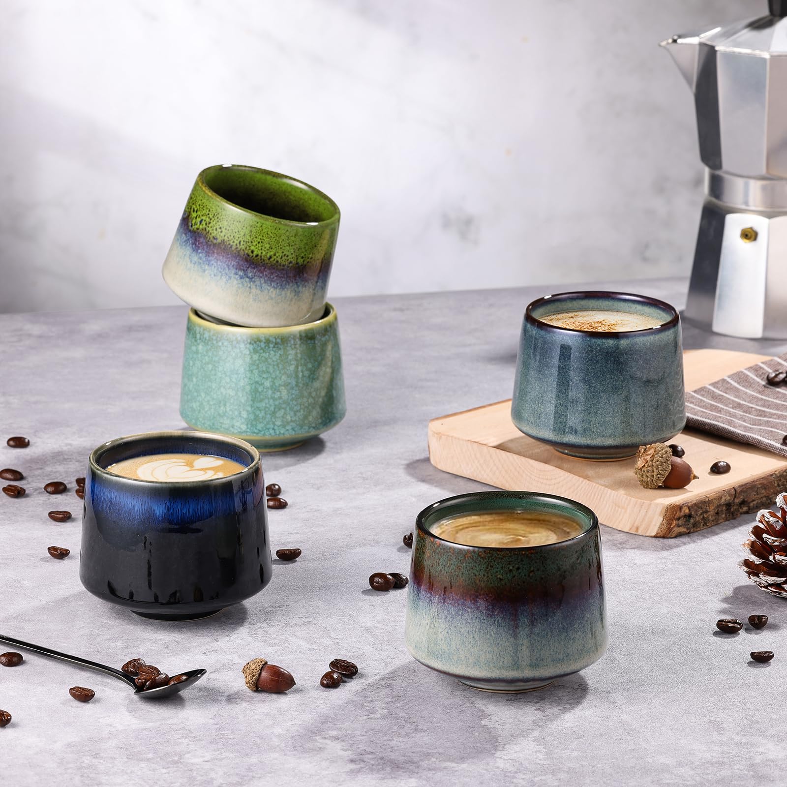 ecooe Cappuccino Cups Set Thick-Walled Stoneware Set of 5 - 210 ml Handmade Porcelain Coffee Cups Set, Ceramic Tea Cups Set Gifts for Men Best Friend Partner, Christmas Gifts