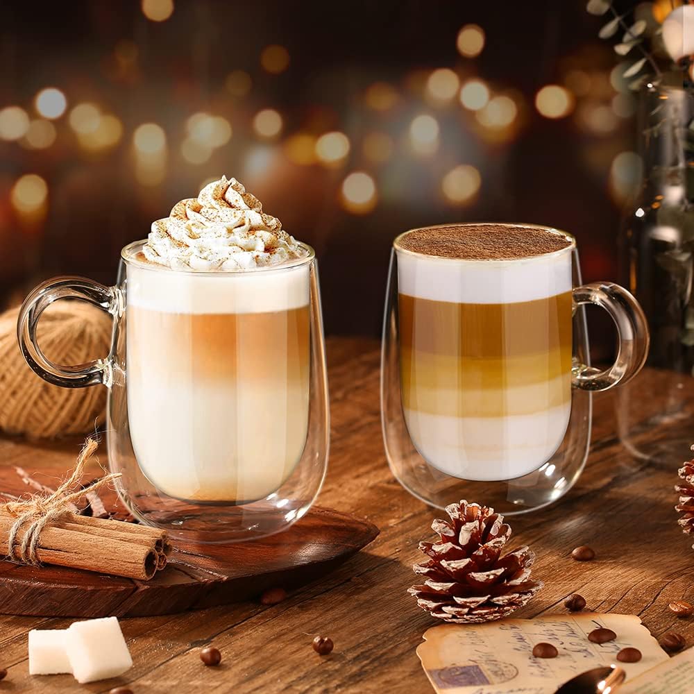 glastal 350 ml x 2 Double-Walled Cappuccino Cups Latte Macchiato Glasses Coffee Glasses Tea Glasses with Handle Borosilicate Glass Coffee Cups Glass Set Double Wall Glasses Coffee Mug Christmas Gifts