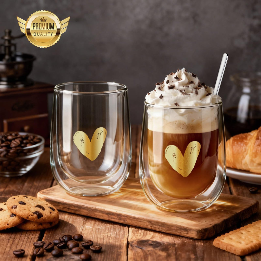 glastal Premium Double-Walled Latte Macchiato Glasses, Set of 4, Heart, Without Sealed Hole, 350 ml, Double-Walled Coffee Glasses, Drinking Glasses, Gifts for Women, Girlfriend, Birthday, Valentine's