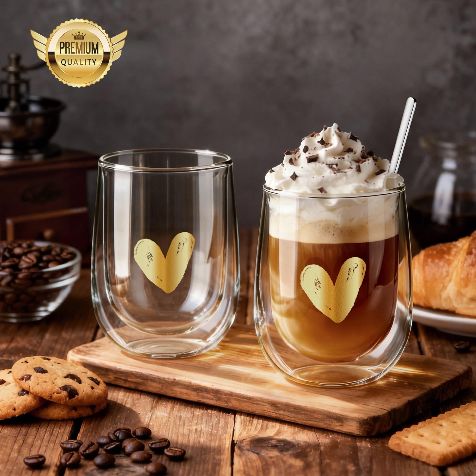 glastal Premium Double-Walled Latte Macchiato Glasses, Set of 4, Heart, Without Sealed Hole, 350 ml, Double-Walled Coffee Glasses, Drinking Glasses, Gifts for Women, Girlfriend, Birthday, Valentine's