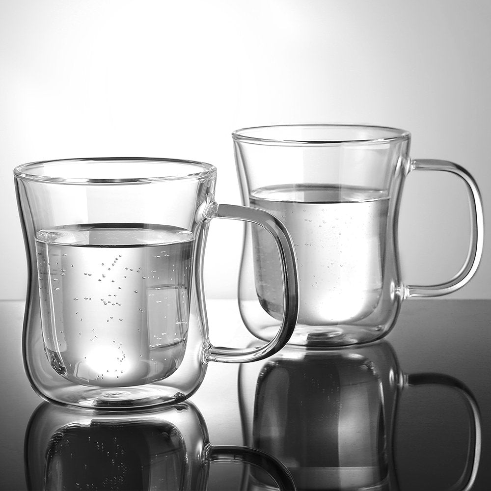 ecooe Double-Walled Latte Macchiato Glasses Set, Borosilicate Glass Coffee Cups, Set of 6, 350 ml, Tea Glasses with Handle for Cappuccino, Latte Macchiato, Tea, Ice Cream, Milk, Beer