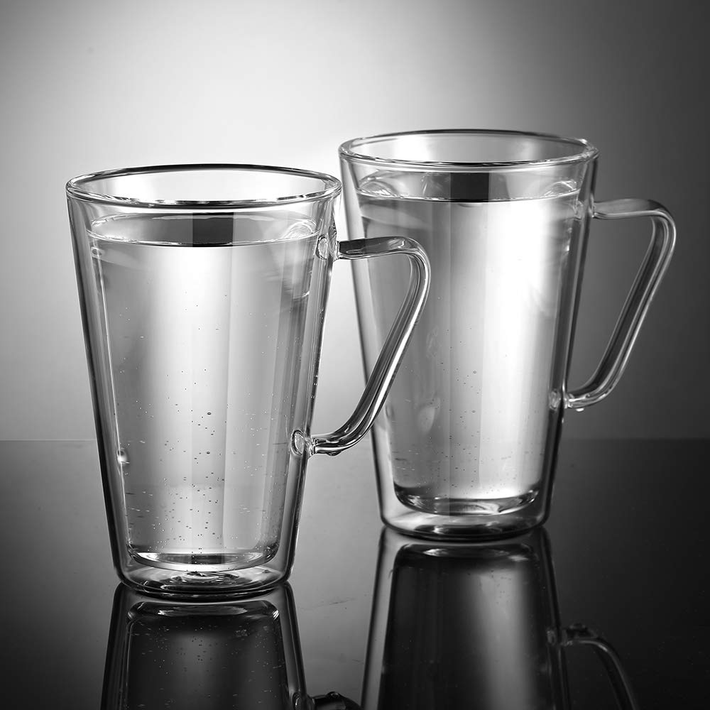 ecooe Double-Walled Latte Macchiato Glasses Set Borosilicate Glass Coffee Cups Glass Set of 2 450 ml Coffee Glass Tea Glasses with Handle for Cappuccino, Latte Macchiato, Tea, Ice Cream, Milk, Beer