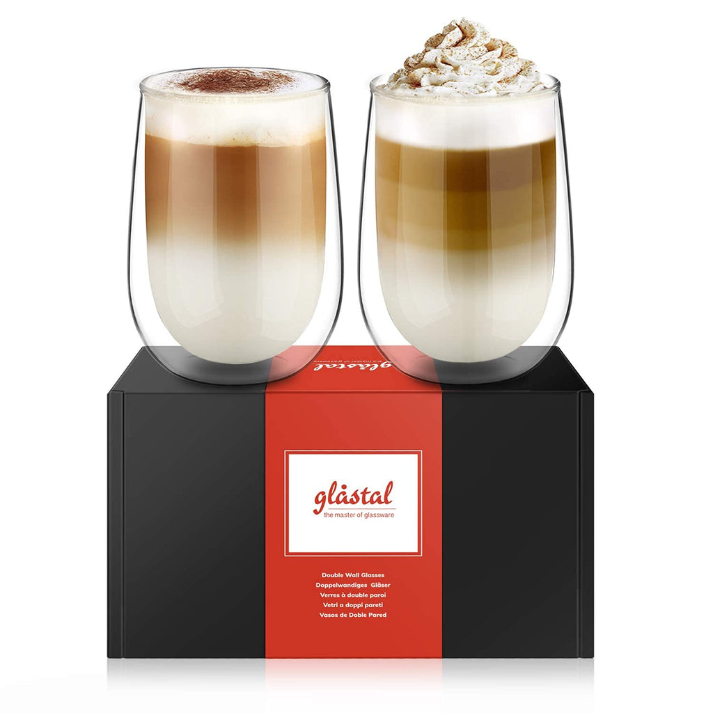 glastal 350 ml Double-Walled Latte Macchiato Glasses, Set of 2, Borosilicate Glass, Coffee Cups, Glasses for Coffee, Cappuccino, Latte, Tea, Ice Cream, Iced Tea, Iced Americano, Milk, Juice, Beer