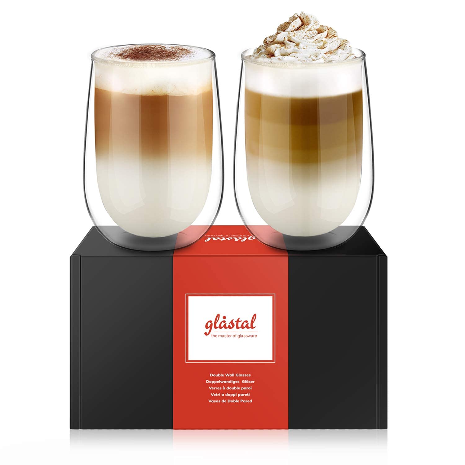 glastal 350 ml Double-Walled Latte Macchiato Glasses, Set of 2, Borosilicate Glass, Coffee Cups, Glasses for Coffee, Cappuccino, Latte, Tea, Ice Cream, Iced Tea, Iced Americano, Milk, Juice, Beer