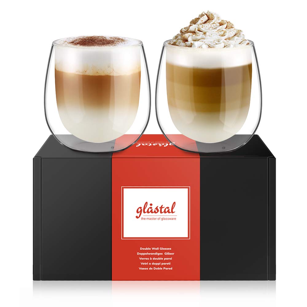glastal 250 ml Double-Walled Latte Macchiato Glasses, Set of 2, Borosilicate Glass, Coffee Cups, Glasses for Coffee, Cappuccino, Latte, Tea, Ice Cream, Iced Tea, Iced Americano, Milk, Juice, Beer