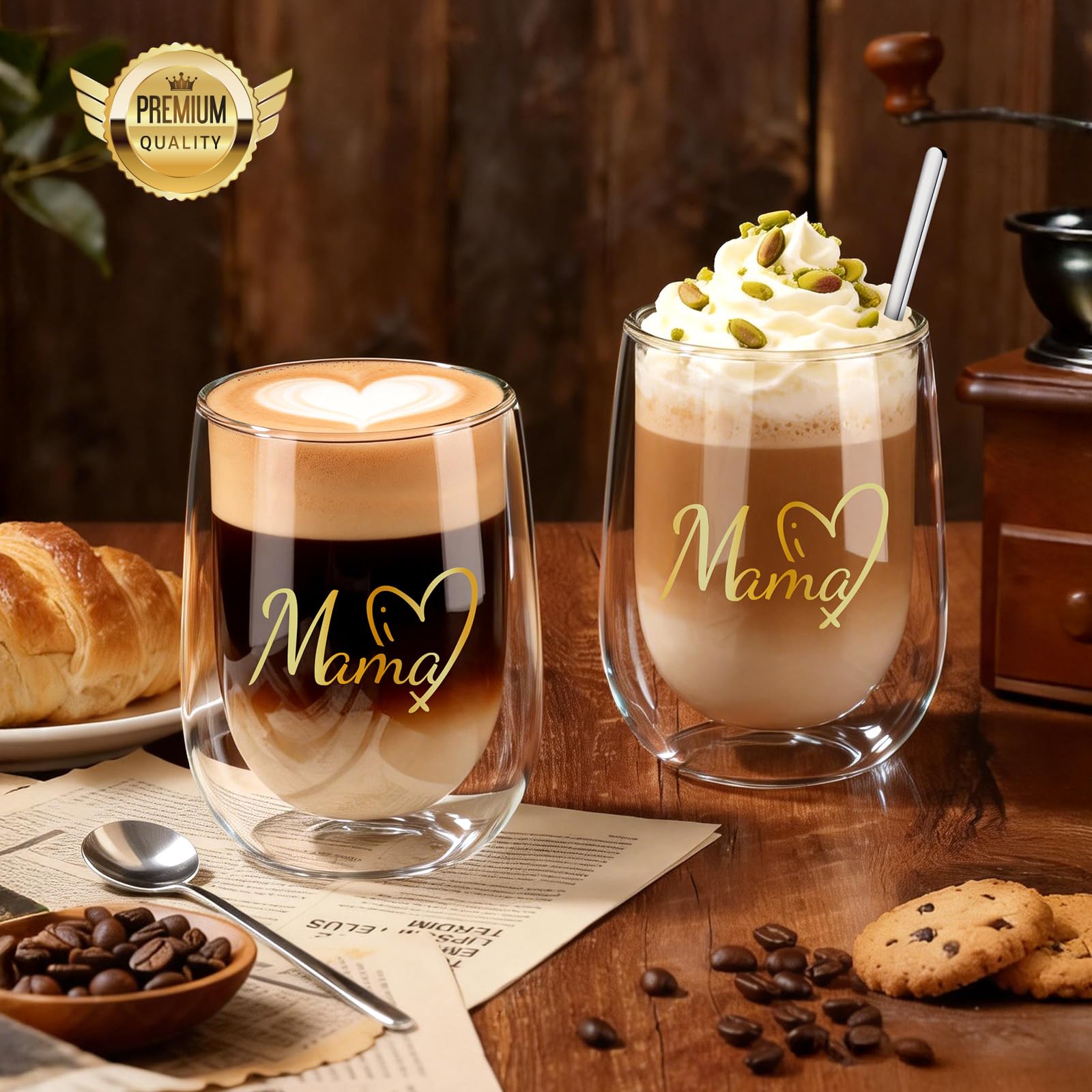 glastal Premium Double-Walled Latte Macchiato Glasses Set of 2 | Mum | - Without Sealed Hole - 350 ml Double-Walled Coffee Glasses Drinking Glasses Gifts for Mum for Birthday Mother's Day Anniversary