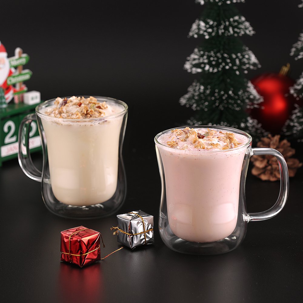 ecooe Double-Walled Latte Macchiato Glasses Set, Borosilicate Glass Coffee Cups, Set of 6, 350 ml, Tea Glasses with Handle for Cappuccino, Latte Macchiato, Tea, Ice Cream, Milk, Beer