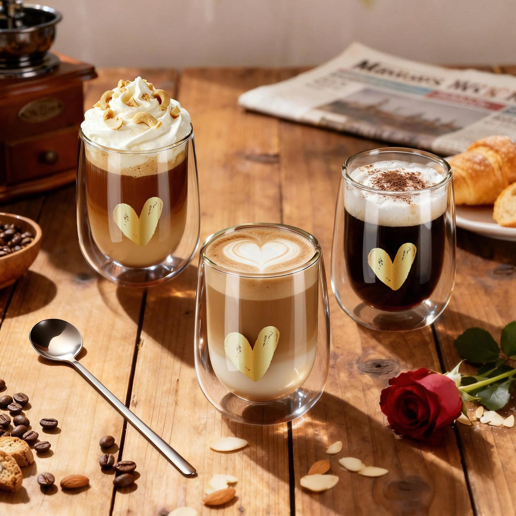 glastal Premium Double-Walled Latte Macchiato Glasses, Set of 4, Heart, Without Sealed Hole, 350 ml, Double-Walled Coffee Glasses, Drinking Glasses, Gifts for Women, Girlfriend, Birthday, Valentine's