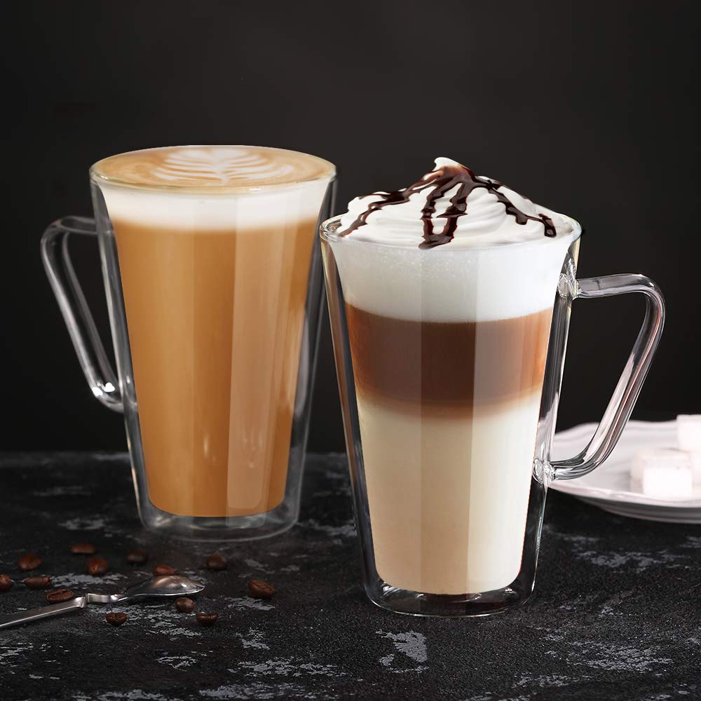 ecooe Double-Walled Latte Macchiato Glasses Set Borosilicate Glass Coffee Cups Glass Set of 2 450 ml Coffee Glass Tea Glasses with Handle for Cappuccino, Latte Macchiato, Tea, Ice Cream, Milk, Beer