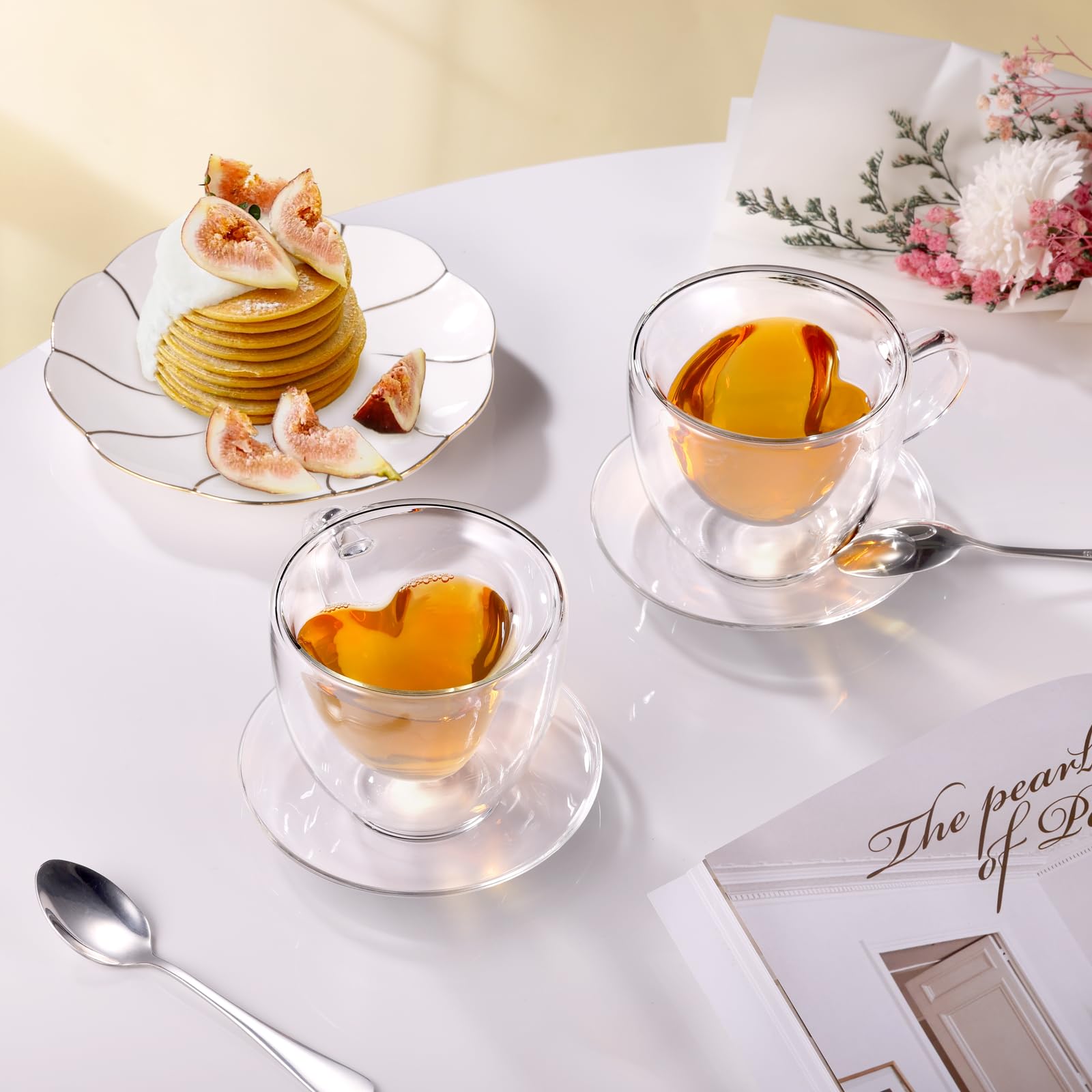 glastal 150ml Doppelwandige Espressotassen 2er Set Kaffeegläser Teegläser mit Henkel und Untertasse, Herz Tasse für Milch Saft, Geschenk für Frauen Freund/in Paare zu Geburtstag Hochzeit Valentinstag