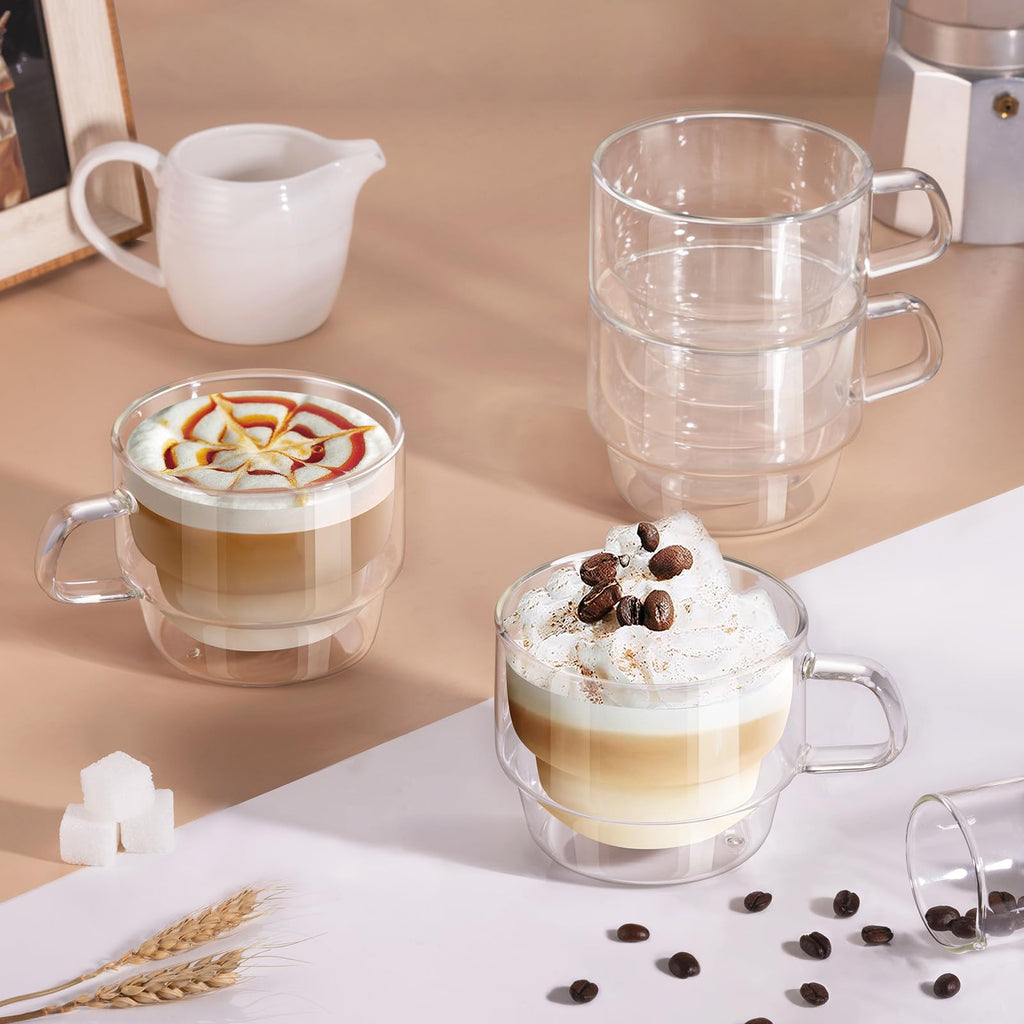 glastal 350 ml Latte Macchiato Glasses, Double-Walled Coffee Glasses, Set of 2, Stackable Coffee Cups, Glass, Double-Walled Coffee Glass, Tea Glasses with Handle for Cappuccino, Tea, Milk, Gift for Women and Men