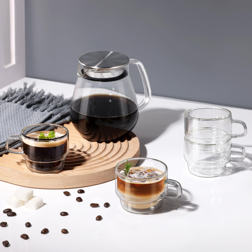 glastal Stackable Glasses, 120 ml Espresso Glasses, Double-Walled Espresso Cups, Set of 4, Glasses for Coffee, Tea, Espresso, Milk, Gift for Women and Men