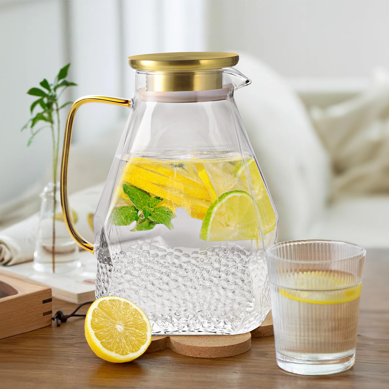 ecooe Glass Carafe 1.8 L Water Carafe for Fridge Door, Carafe Glass with Stainless Steel Lid, Fridge Jug Water Jug Glass Jug for Hot/Cold Water, DIY Drinks, Iced Tea, Juice, Milk, Tea, Coffee
