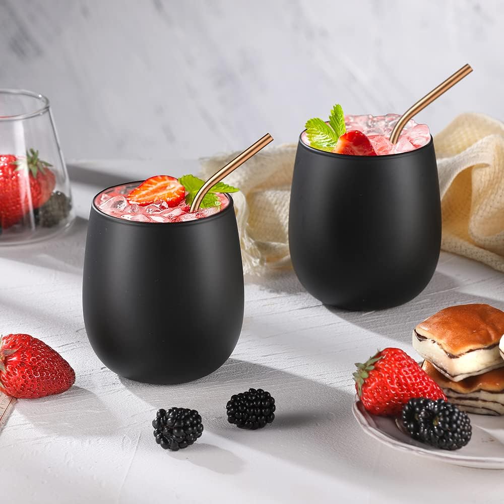 glastal 450ml Gin Gläser Schwarz Matt Trinkgläser 2er Set Wassergläser mit Roségold Blinkende Innenwand, Borosilikat Einschichtiges Weingläser Cocktail Gläser Whiskygläser Weihnachten Geschenk