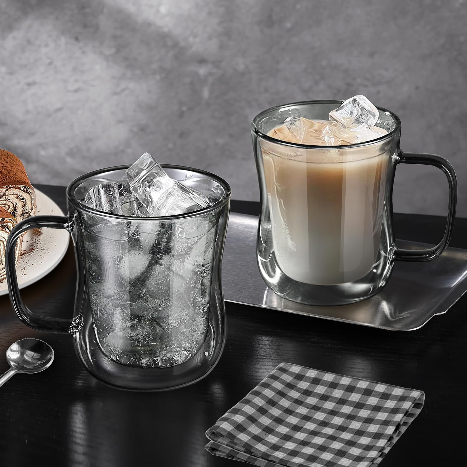 ecooe Unique Black Glasses 350 ml Double-Walled Coffee Glasses Latte Macchiato Glasses Set of 2 Double-Walled Coffee Glass Tea Glasses with Handle for Cappuccino, Gift for Men Women