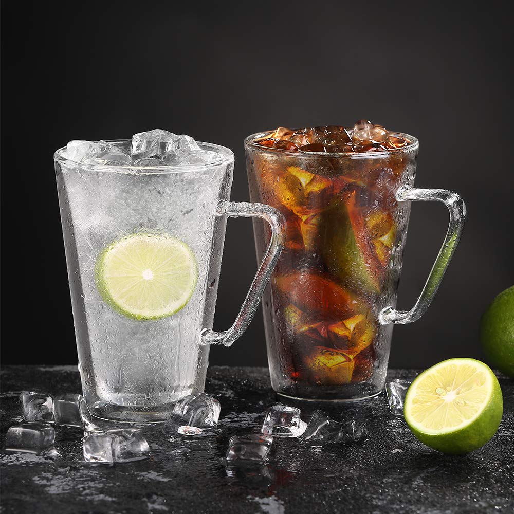 ecooe Double-Walled Latte Macchiato Glasses Set Borosilicate Glass Coffee Cups Glass Set of 2 450 ml Coffee Glass Tea Glasses with Handle for Cappuccino, Latte Macchiato, Tea, Ice Cream, Milk, Beer