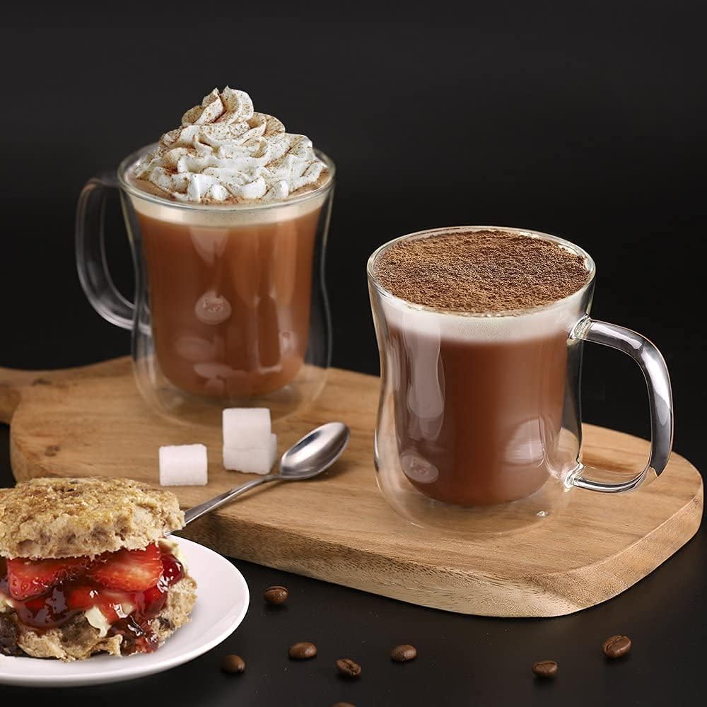 Ecooe Double Wall Cappuccino Latte Macchiato Glasses Cups with Handle Coffee Tea Milk Juice Glass Cups 350ml/12oz Set of 2