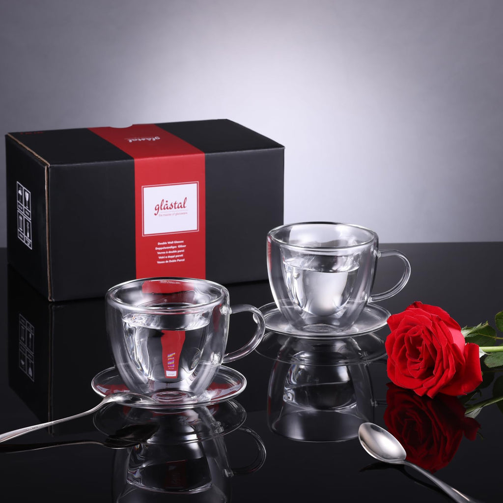 glastal 150ml Doppelwandige Espressotassen 2er Set Kaffeegläser Teegläser mit Henkel und Untertasse, Herz Tasse für Milch Saft, Geschenk für Frauen Freund/in Paare zu Geburtstag Hochzeit Valentinstag