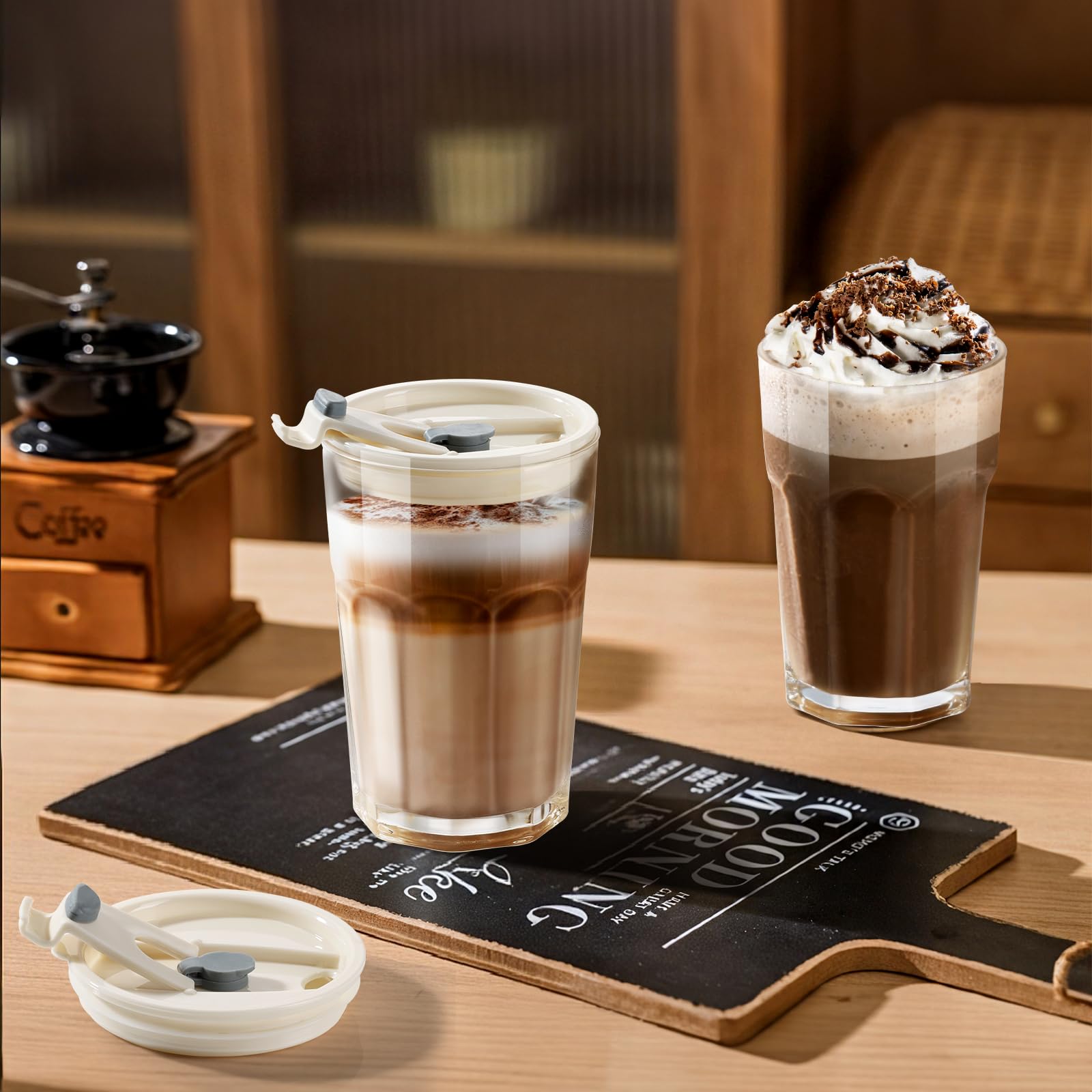ecooe 2 Stück Glasbecher mit Deckel und Strohhalm 400ml Matcha Gläser Smoothie Becher Eiskaffee Glas, Luftdicht Wasserdicht Design Kaffeegläser Trinkgläser für Matcha Latte Saft Milch Tee Cocktail