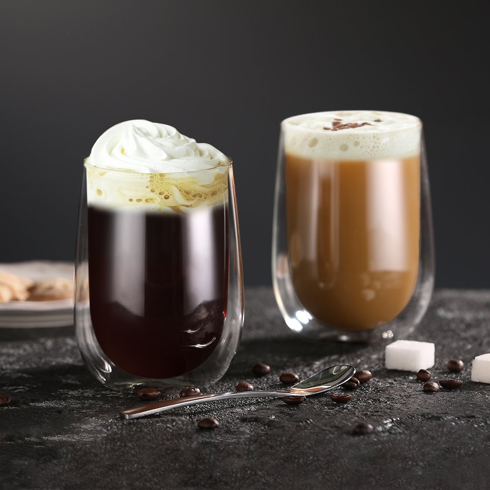 glastal 350 ml Double-Walled Latte Macchiato Glasses, Set of 4, Borosilicate Glass, Coffee Cups, Glasses for Coffee, Cappuccino, Latte, Tea, Ice Cream, Iced Tea, Iced Americano, Milk, Juice, Beer