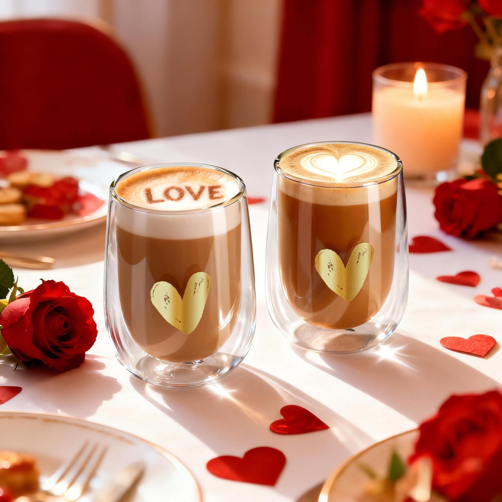 glastal Premium Double-Walled Latte Macchiato Glasses, Set of 4, Heart, Without Sealed Hole, 350 ml, Double-Walled Coffee Glasses, Drinking Glasses, Gifts for Women, Girlfriend, Birthday, Valentine's