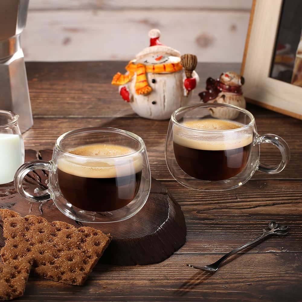 glastal 120 ml x 2 Espresso Cups Double-Walled Espresso Glasses Cup Borosilicate Glass Coffee Cups Glass Coffee Glasses Tea Glasses Set with Handle for Macchiato, Latte, Tea, Ice Cream, Milk