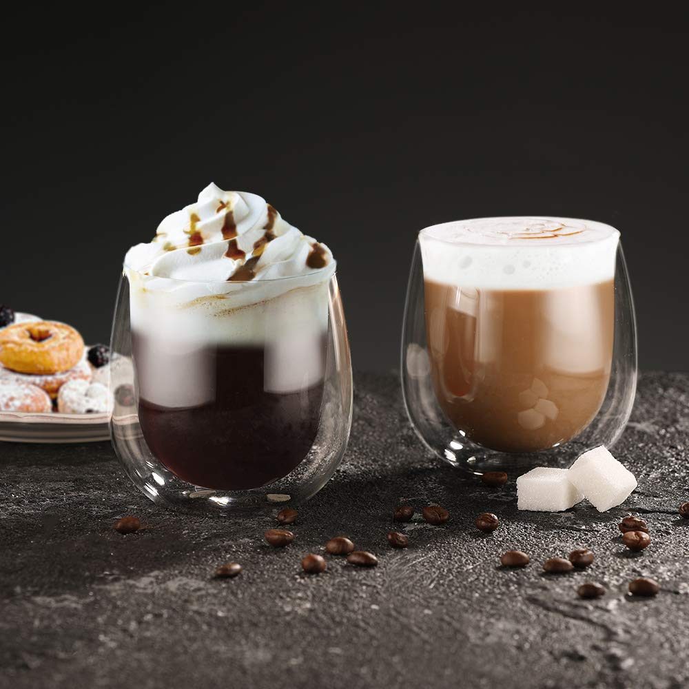 glastal 250 ml Double-Walled Latte Macchiato Glasses, Set of 6, Borosilicate Glass, Coffee Cups, Glasses for Coffee, Cappuccino, Latte, Tea, Ice Cream, Iced Tea, Iced Americano, Milk, Juice, Beer