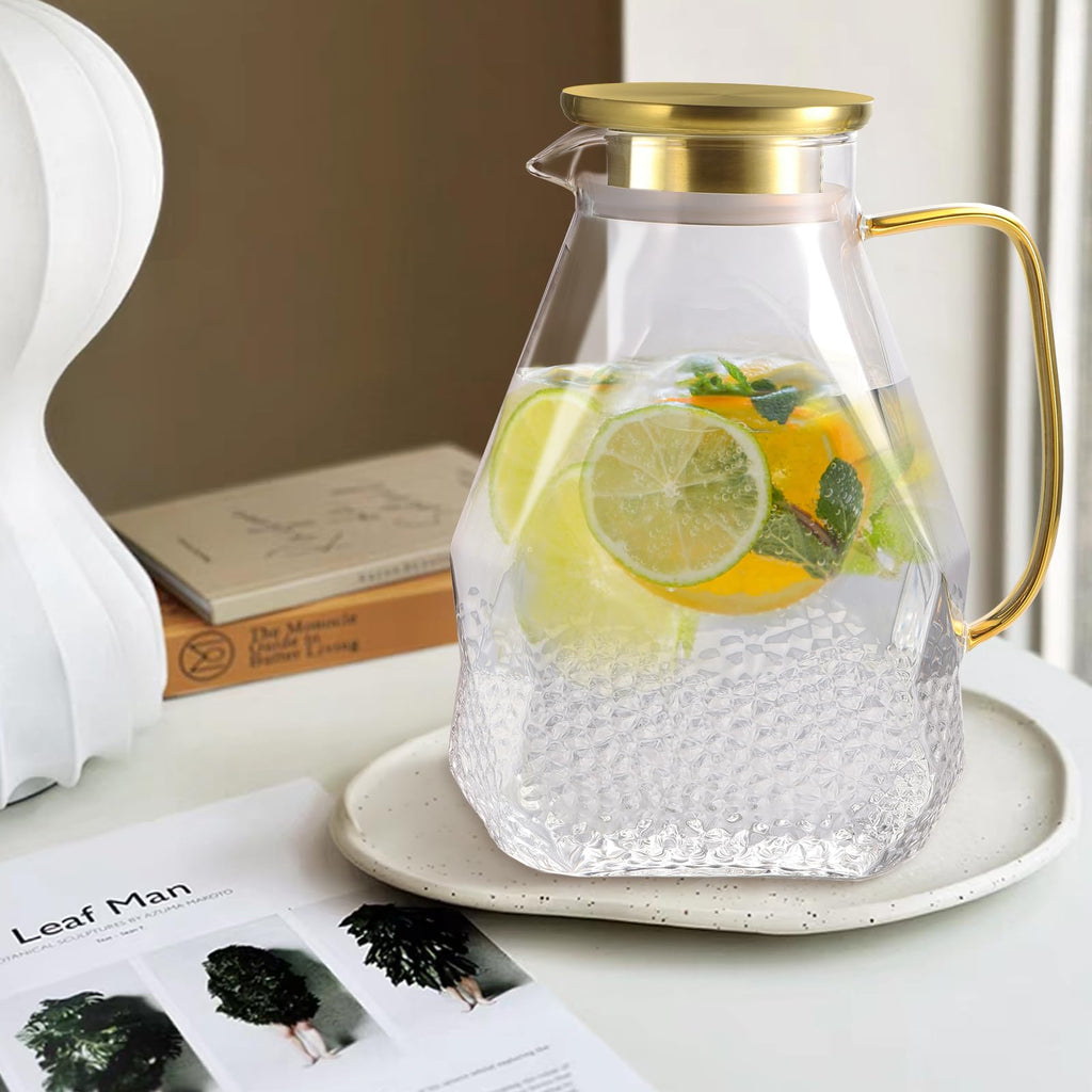 ecooe Glass Carafe 1.8 L Water Carafe for Fridge Door, Carafe Glass with Stainless Steel Lid, Fridge Jug Water Jug Glass Jug for Hot/Cold Water, DIY Drinks, Iced Tea, Juice, Milk, Tea, Coffee