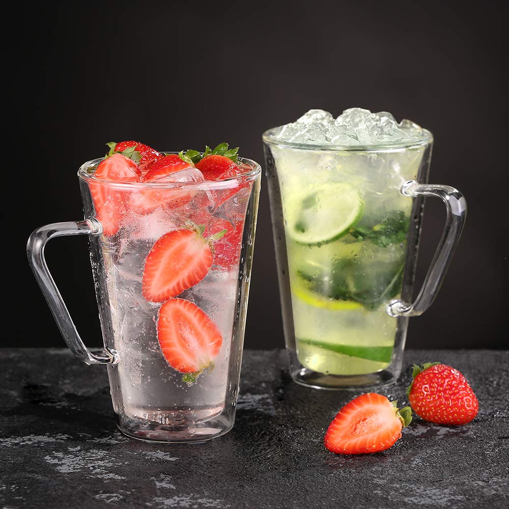 ecooe Double-Walled Latte Macchiato Glasses Set Borosilicate Glass Coffee Cups Glass Set of 2 450 ml Coffee Glass Tea Glasses with Handle for Cappuccino, Latte Macchiato, Tea, Ice Cream, Milk, Beer