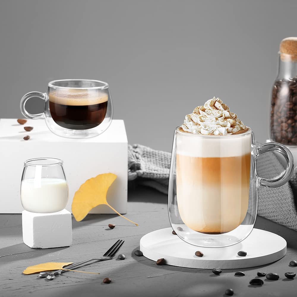 glastal 120 ml x 2 Espresso Cups Double-Walled Espresso Glasses Cup Borosilicate Glass Coffee Cups Glass Coffee Glasses Tea Glasses Set with Handle for Macchiato, Latte, Tea, Ice Cream, Milk