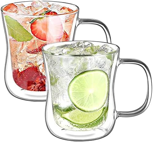 Ecooe Double Wall Cappuccino Latte Macchiato Glasses Cups with Handle Coffee Tea Milk Juice Glass Cups 350ml/12oz Set of 2