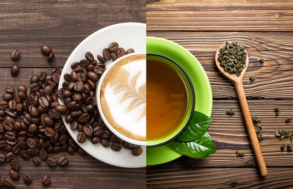 Coffee cup and coffee beans on wooden background. Top view.