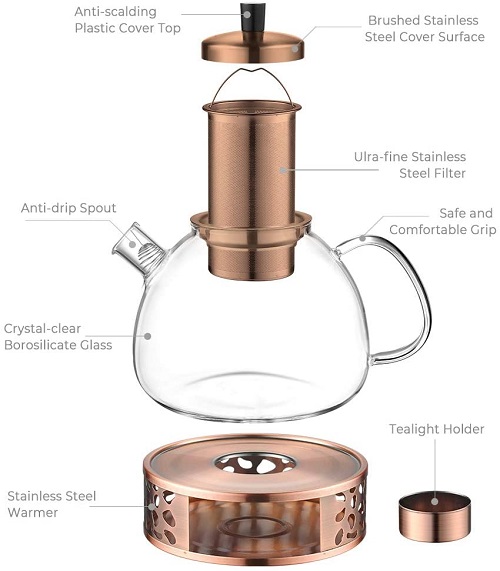 Teebereiter Fruchttee Edelstahl und 1500ml Abnehmbare Tee Hitzebeständig Teebeutel Tee grüner Borosilikatglas Sieb schwarzen Teekanne mit für - Ecooe Original 18.10 Rostfrei Stövchen duftender ecooe Tee Glas